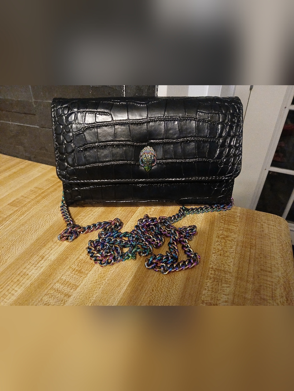 Kurt Geiger Black Croc Embossed Clutch or Crossbody with Multicolor Chain - Picture 3 of 9